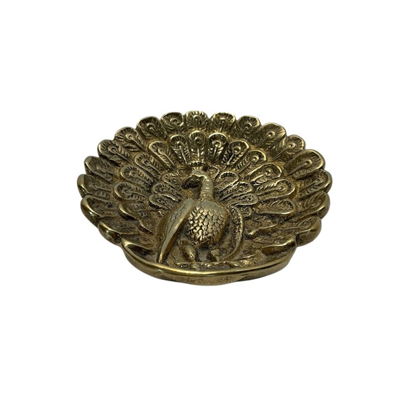 House Of Global Art Other - Brass Peacock Trinket Dish Scalloped Edge Embossed Raised 3D Feather Plume VTG